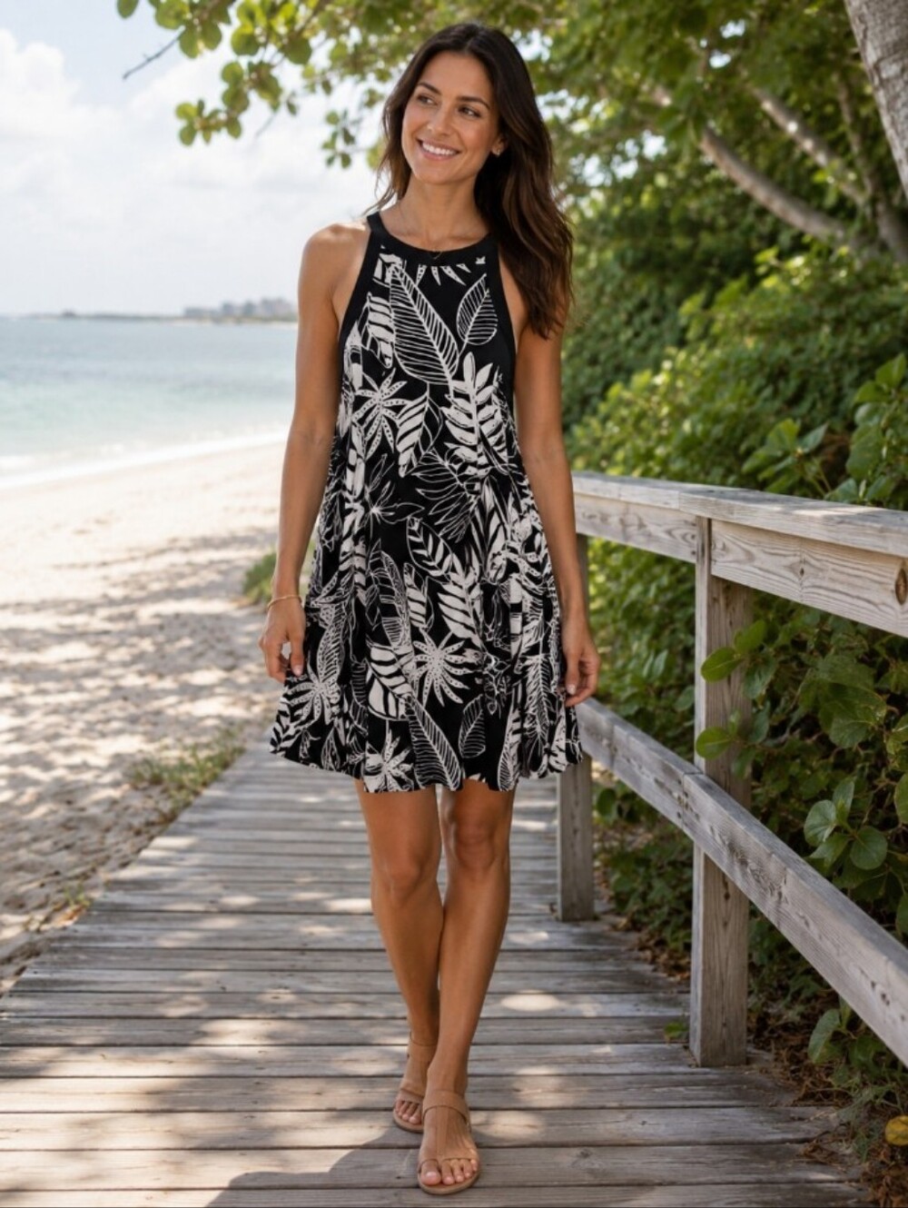 Old Navy Women's Petite S Black White Sleeveless Sun Dress Casual